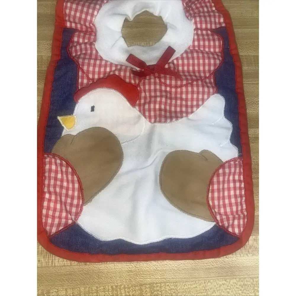 VINTAGE Red White Gingham Chicken Baby Bib Embroidery Pullover
